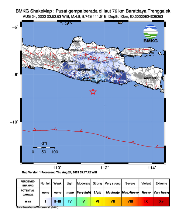 Gempa Terkini 4,8 M (Magnitudo) Guncang Wilayah Trenggalek Jawa Timur