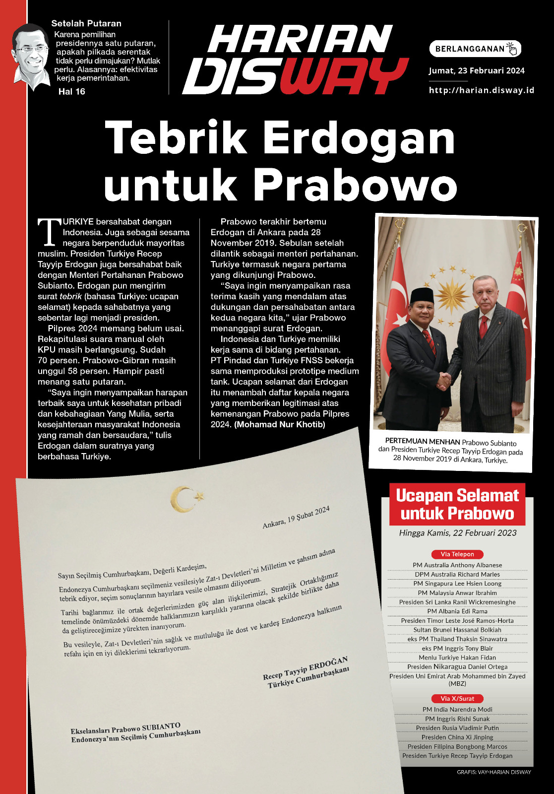 Tebrik Erdogan untuk Prabowo