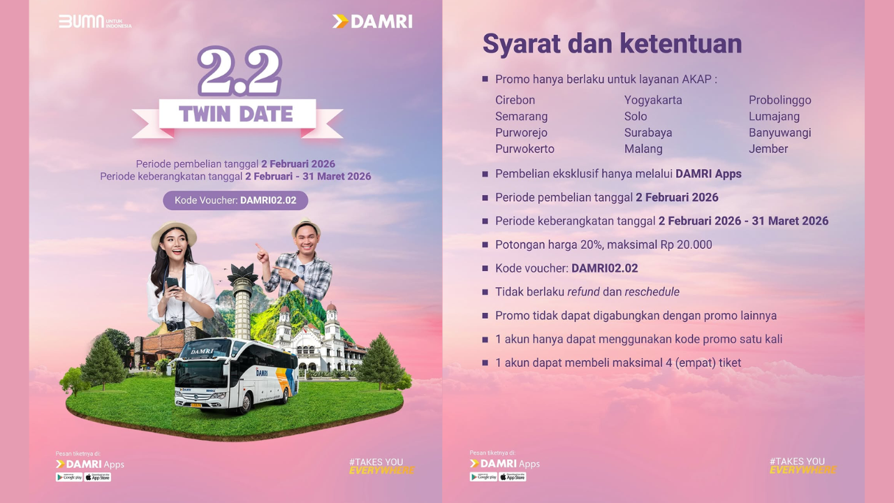 Asyik! DAMRI Hadirkan Promo Tiket Spesial 2.2 Twin Date, Klaim Kode Vouchernya di Sini