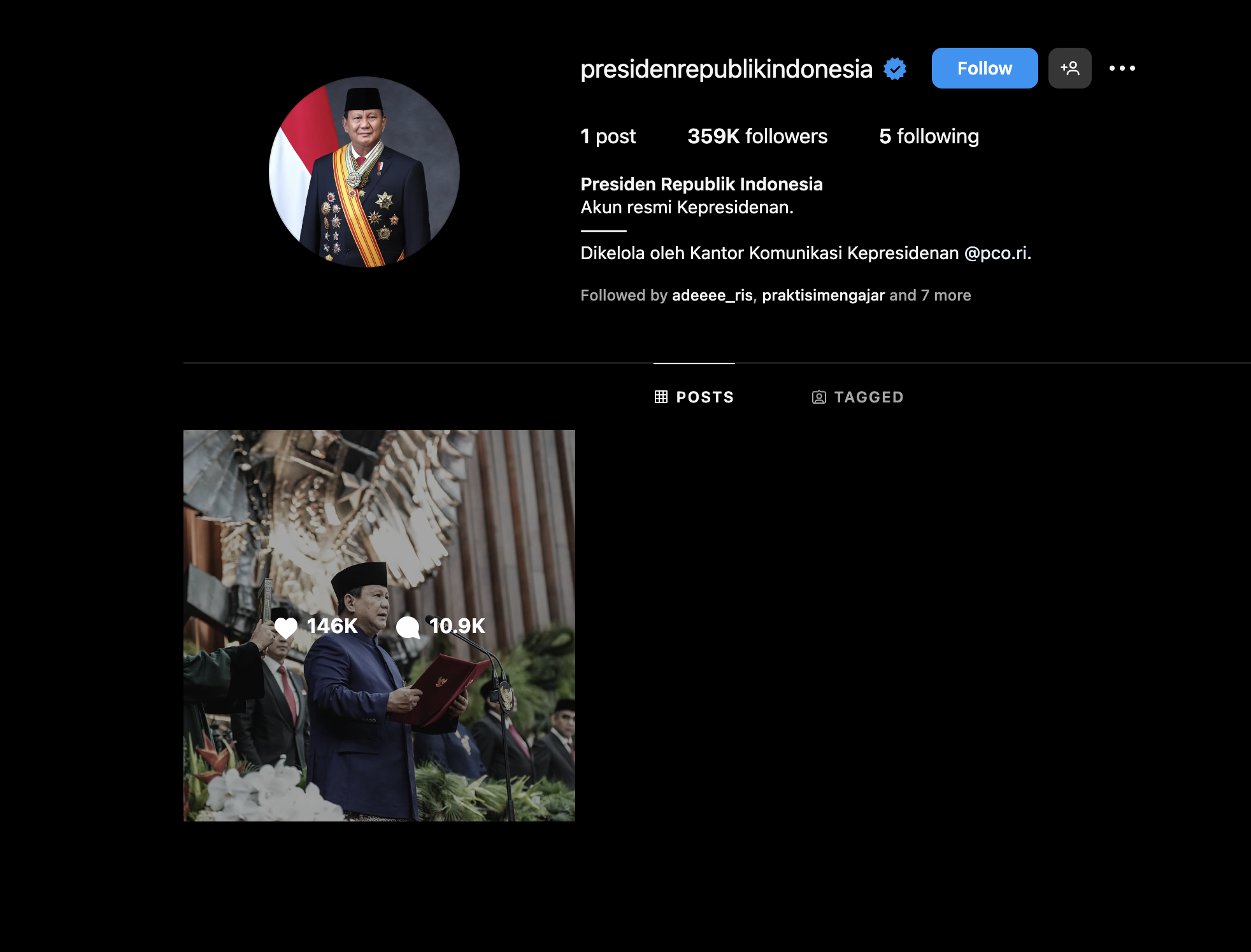 Presiden Prabowo Bikin Akun Instagram Baru, Sudah Punya Ratusan Ribu Followers 