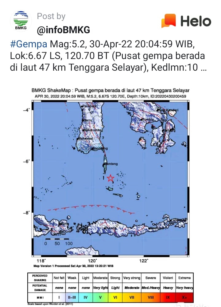 Gempa Magnitudo 5,2 Guncang Selayar Sulsel, BMKG: Tak Berpotensi Tsunami