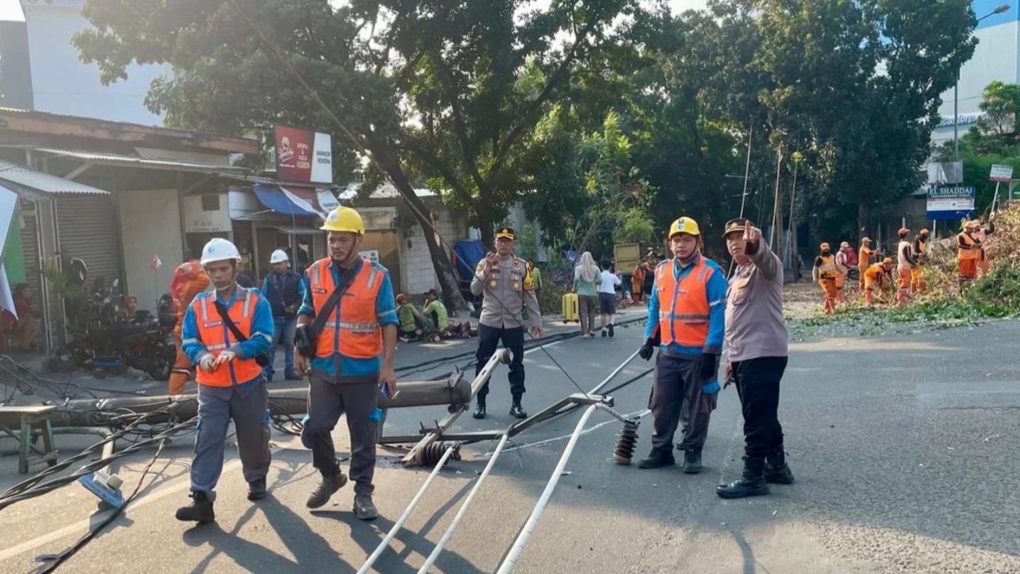 Tiang Listrik dan Pohon Petai Tumbang Hingga Tutupi Jalan di Pos Pengumben, Polisi dan PLN Lakukan Evakuasi