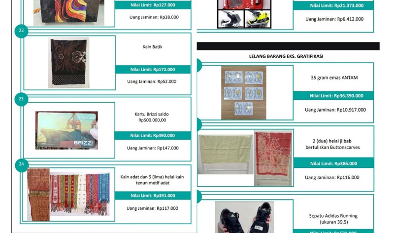 KPK Lelang 55 Barang Gratifikasi Hasil Sitaan, Batik Hingga Logam Mulia