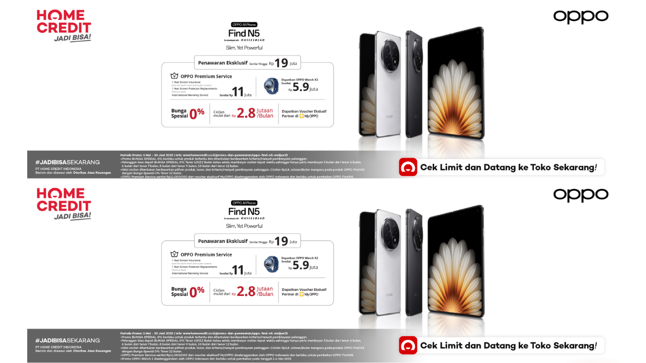 Waktunya Upgrade! Nih Simulasi Kredit Cicilan OPPO Find N5 Series Tenor 6 Bulan Sudah Bebas Bunga