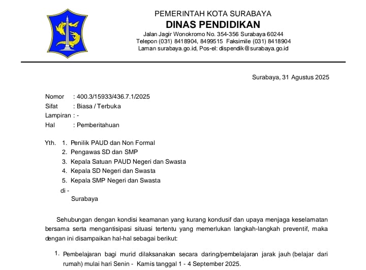 Pelajar PAUD-SMP di Surabaya Wajib Belajar Daring selama 4 Hari ke Depan