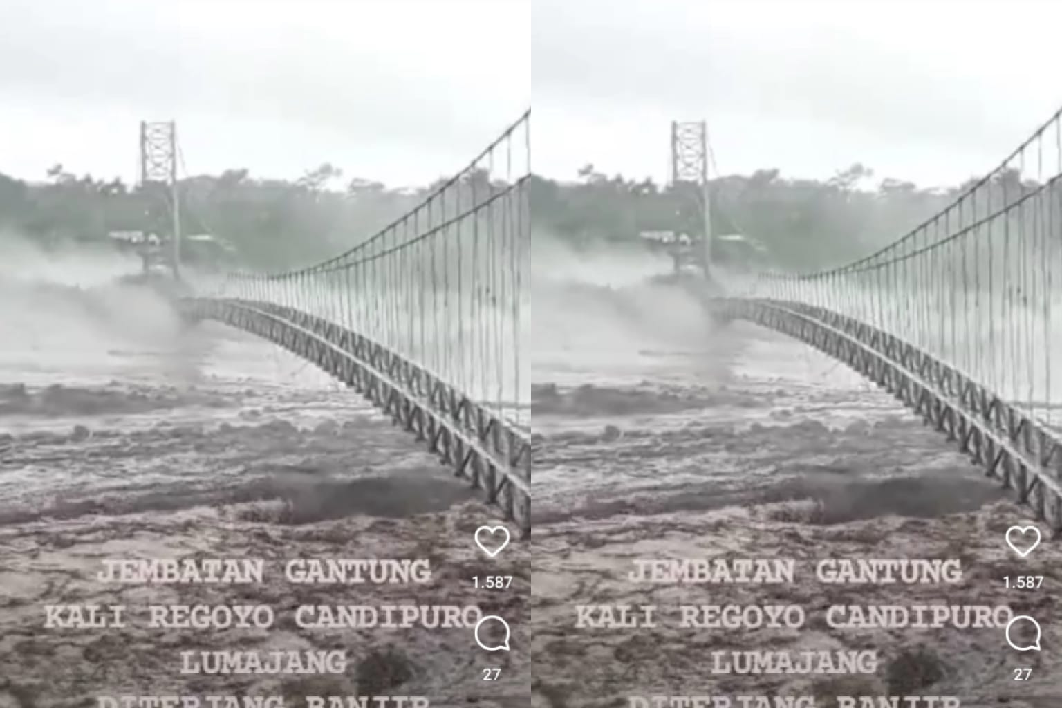 Banjir Lahar Kikis Bibir Sungai, Jembatan Gantung Kali Regoyo, Lumajang Putus