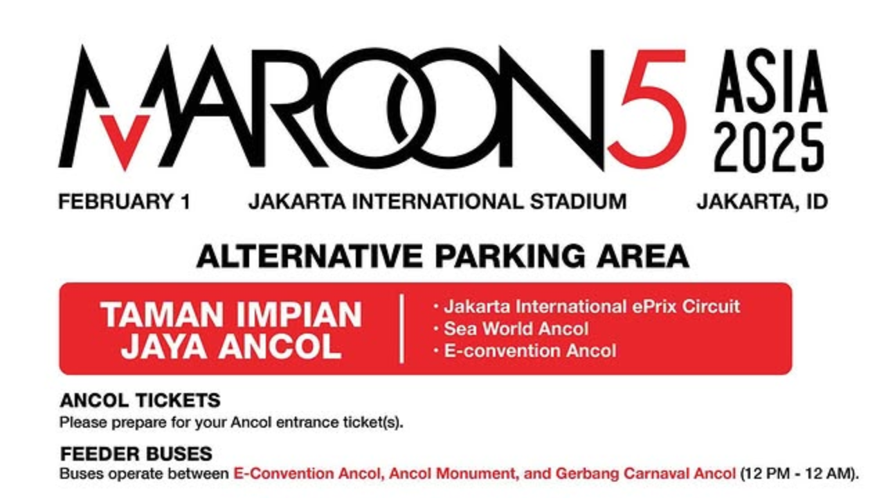 Terbatas! 3 Lokasi Parkir Konser Maroon 5 di Jakarta 2025, Ada di Kawasan Ancol