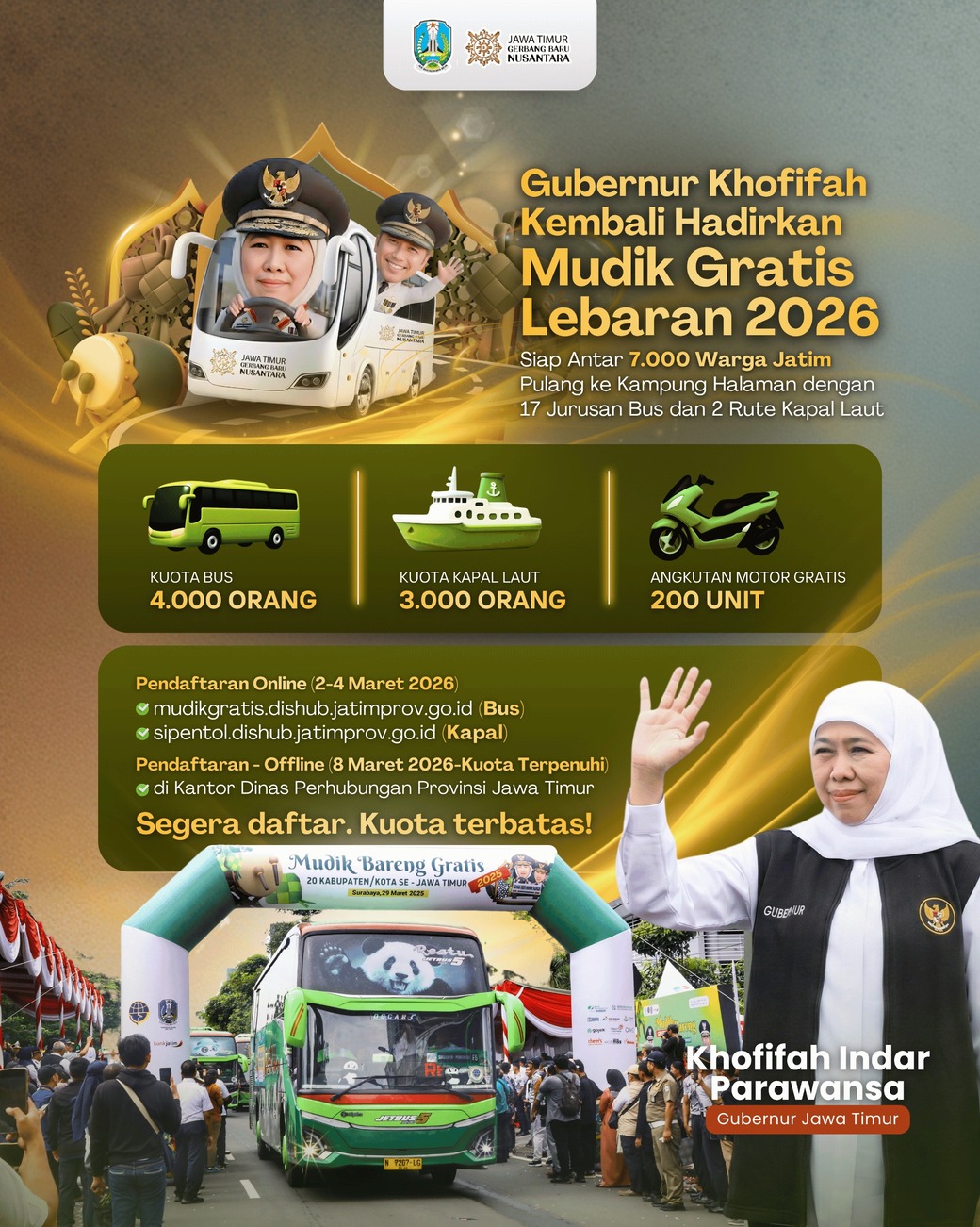 Khofifah Gelar Mudik Gratis 2026, Siapkan Rute Bus dan Kapal Laut