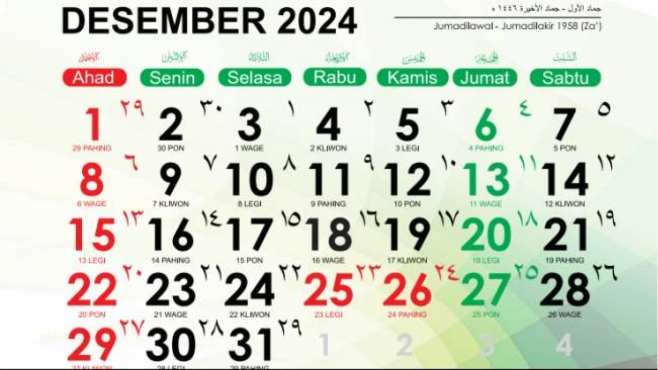 Kalender Desember 2024 Lengkap dengan Pasaran Jawa, Ada Tanggal Merah?