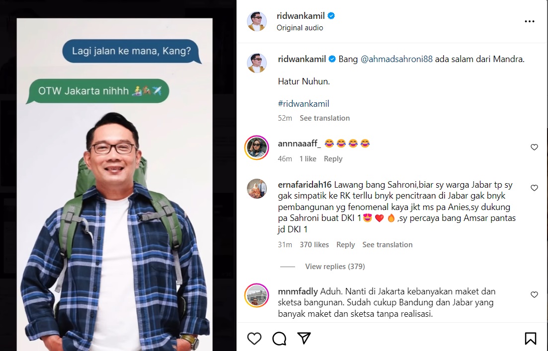 Ridwan Kamil Unggah Foto OTW Jakarta, Nyalon Gubernur?