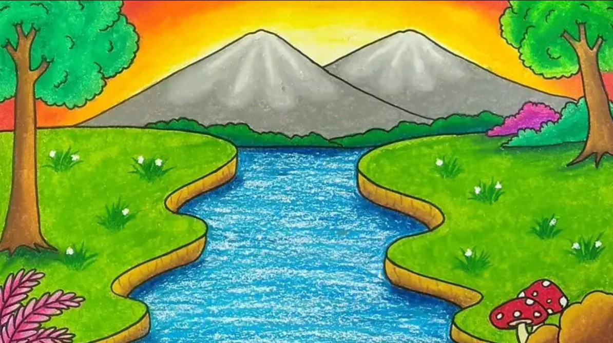 lukisan pemandangan gunung sederhana