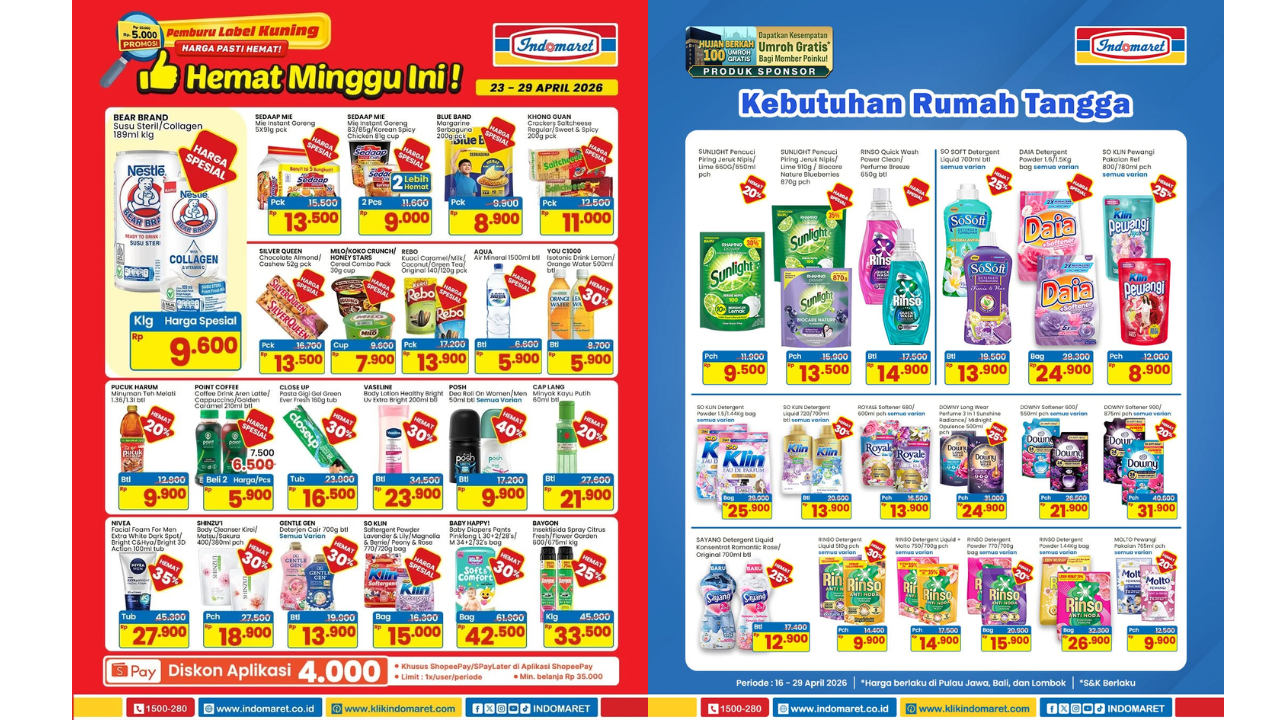 Promo JSM Indomaret Terbaru 24-26 April 2026, Diskon Detergent Downy-Rinso Mulai Rp14 Ribuan