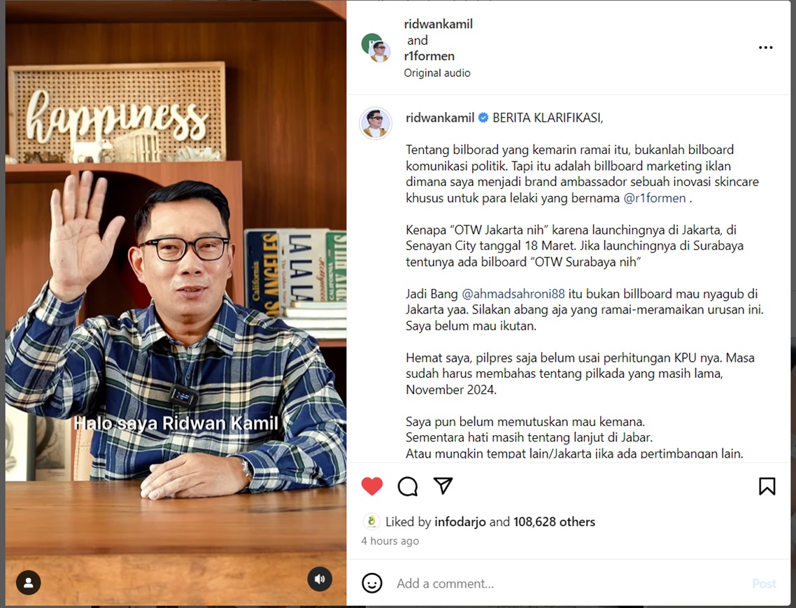 Begini Klarifikasi Ridwan Kamil tentang Baliho OTW Jakarta dalam Unggahan Video di Instagram 
