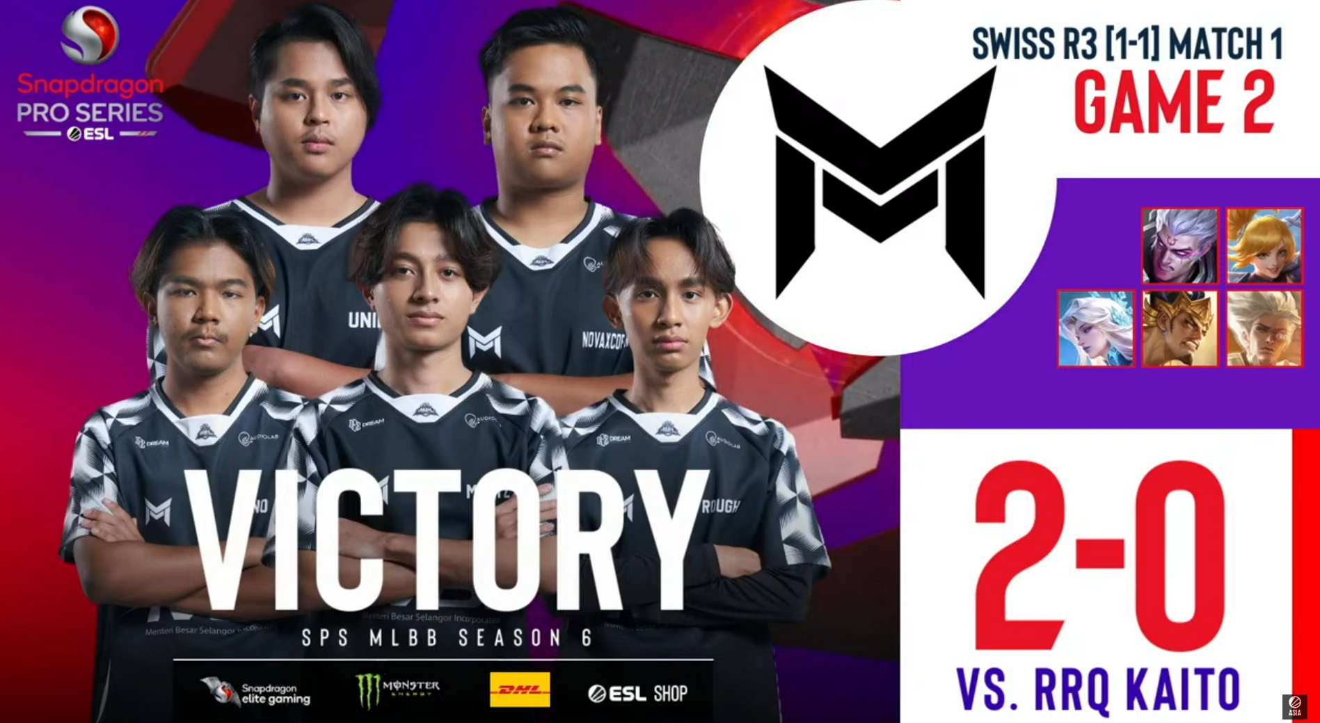 Monster Vicious Kalahkan RRQ Kaito 2-0 di ESL Snapdragon S6 Mobile Legends