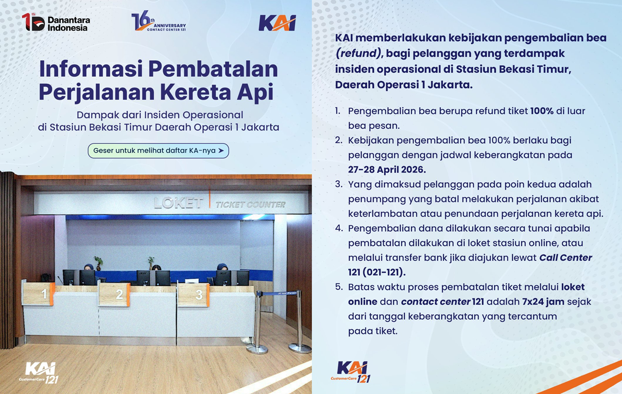 13 Perjalanan KA Jarak Jauh Dibatalkan Imbas Tabrakan Argo Bromo dan KRL, KAI Refund Full Tiket
