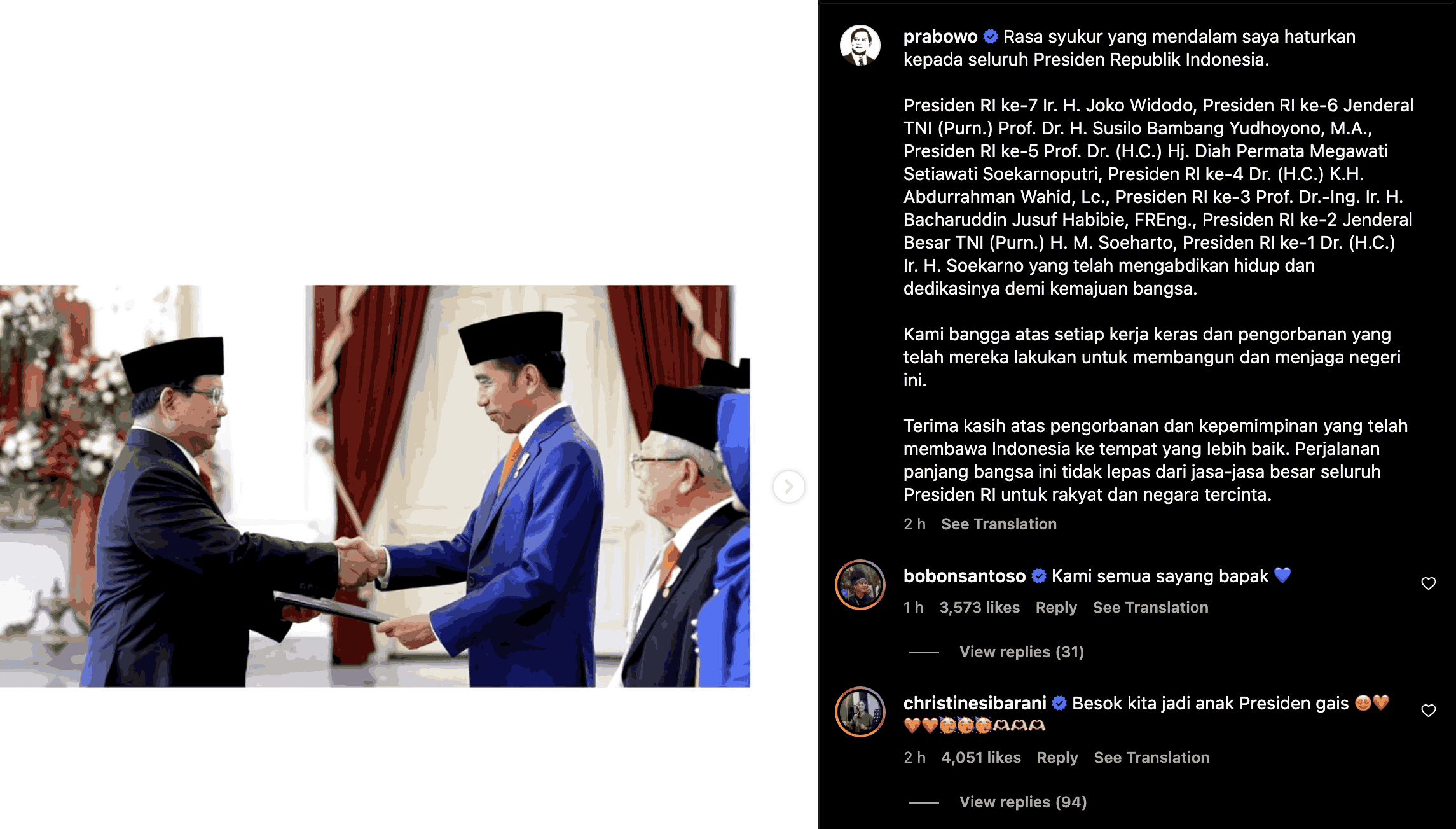 Prabowo Haturkan Terima Kasih kepada Semua Presiden RI, Dari Soekarno hingga Jokowi