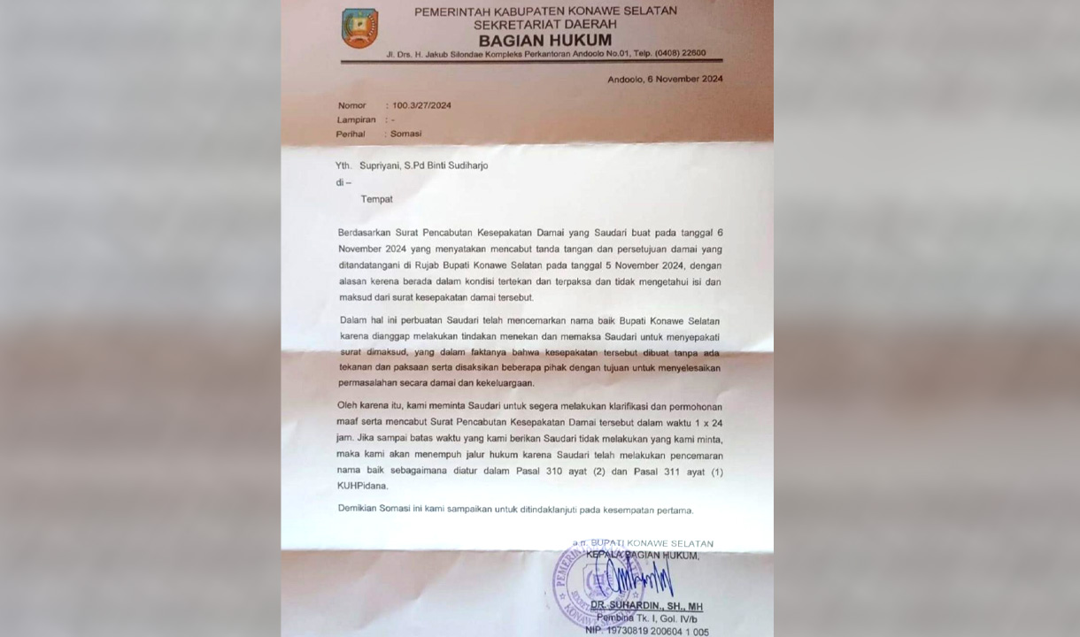 Lawan Guru Honorer Supriyani Semakin Besar, Isi Surat Somasi dari Bupati Konawe Selatan Beredar