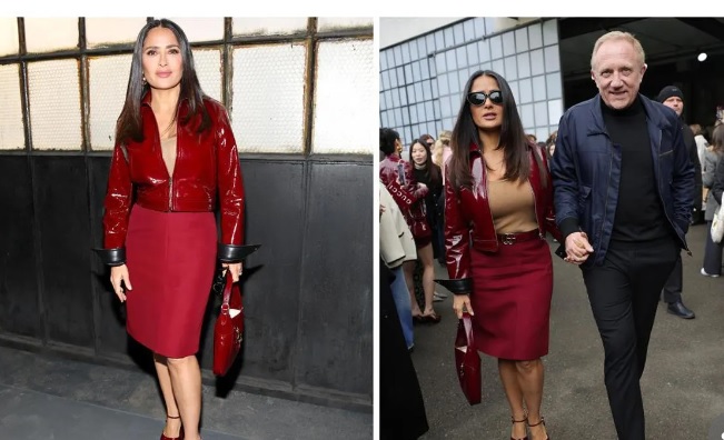Jaket Kulit Warna Merah Jadi Tren 2024, Dipakai Salma Hayek di Milan Fashion Week