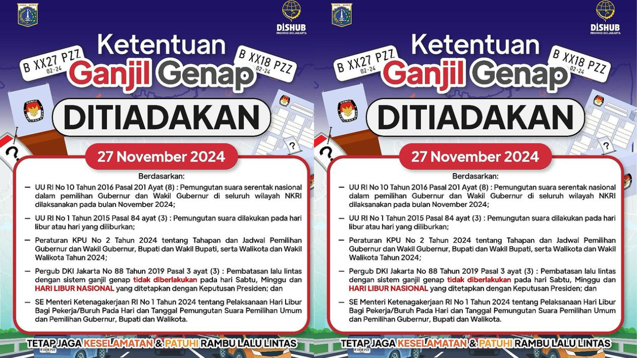 Ingat! Ganjil Genap Jakarta saat Pilkada Hari Ini 27 November 2024 Ditiadakan, Pengendara Bebas Melintas