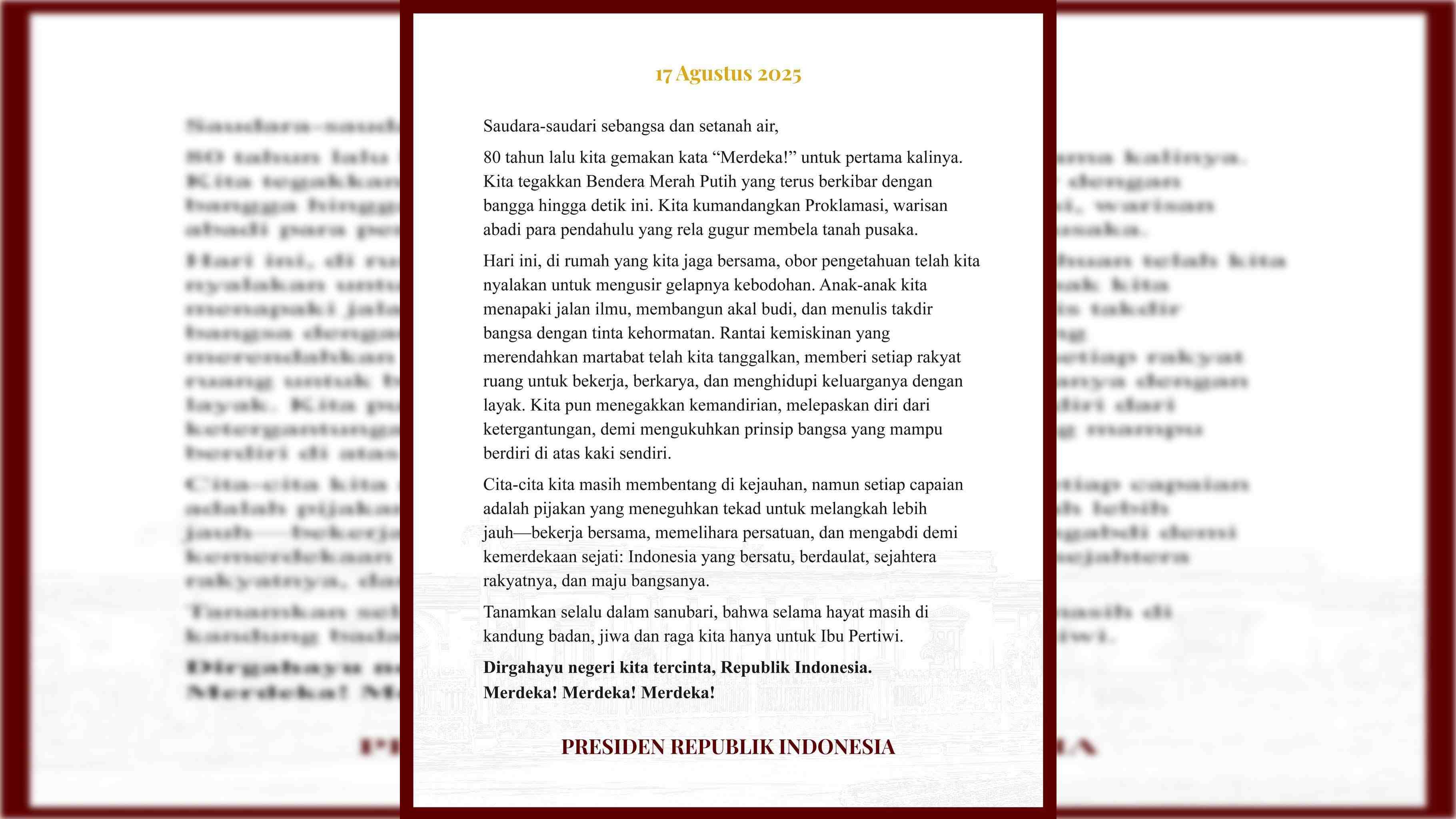 Inilah Isi Lengkap Pidato Prabowo di Upacara Detik-detik Proklamasi HUT ke-80 RI