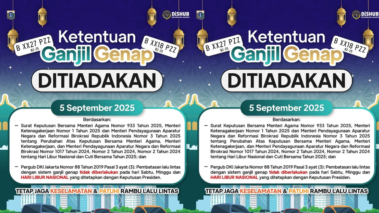 Libur Maulid Nabi 2025, Jadwal Ganjil Genap Jakarta Ditiadakan 5 September 2025, Pengendara Bebas Melintas
