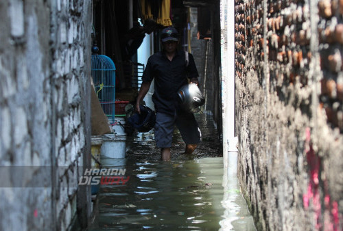 Warga melintasi lorong yang digenangi air kampung Kalianak Surabaya, Jawa Timur, Rabu (5/7/2023). Banjir Rob yang tinggi itu adanya fase bulan purnama yang menyebabkan sejumplah perkampungan padat penduduk di kawasan tersebut tergenang air laut.