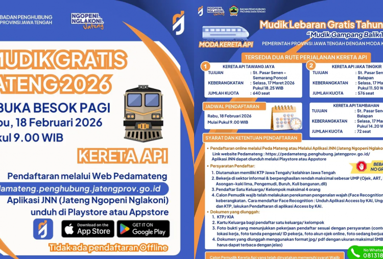 Link dan Cara Daftar Mudik Gratis Pemprov Jateng 2026 Kereta Api, Dibuka Hari Ini Pukul 09.00 WIB