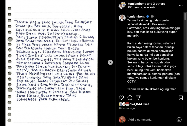 Tom Lembong Berterima Kasih setelah Dijenguk Anies Baswedan, Ungkap Pesan Ini Lewat Tulisan Tangan