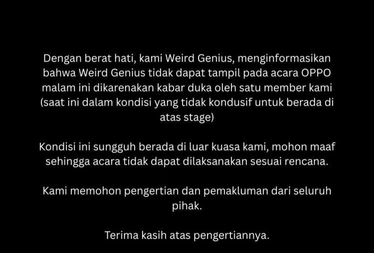 Kekasih Reza Arap Selebgram Lula Lahfah Meninggal, Weird Genius Batal Konser di Acara OPPO