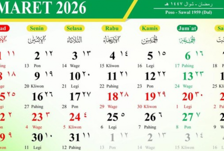 Kalender Jawa Maret 2026: Lengkap Weton, Pasaran dan Tanggalan Hijriah