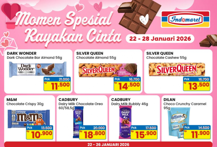 Promo Indomaret Terbaru Hari ini 24 Januari 2026, Sambut Valentine Harga Cokelat Silver Queen-Cadbury Mulai Rp7 Ribuan