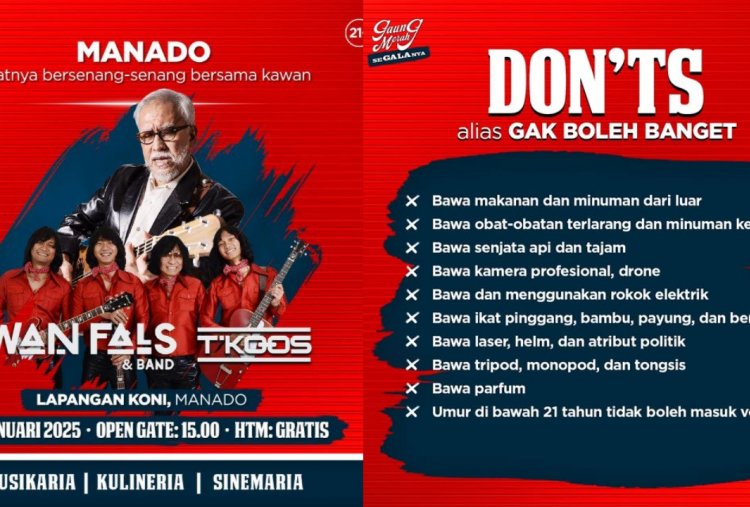 Konser Gratis Iwan Fals di Manado 18 Januari 2025, Cek Lokasinya!