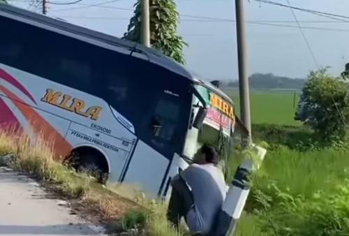 Viral Kecelakaan Bus MIRA Nyungsep ke Sawah di Pilangsari Sragen