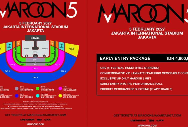 Daftar Harga Tiket Konser Maroon 5 di Jakarta 2027, Mulai Rp1,25 Juta Sebelum Pajak
