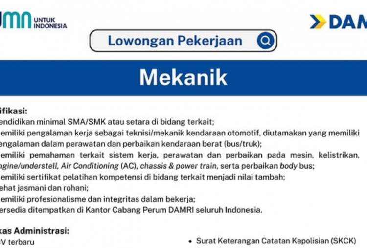 Lowongan Kerja DAMRI, Lulusan SMA-SMK Bisa Daftar