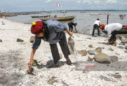 Mahasiswa saat memungut sampah yang berceceran di Pantai Kenjeran Surabaya Jawa Timur, Minggu 21 Januari 2024. Aksi bakti sosial dengan bersih-bersih Sampah di Pantai Kenjeran
oleh mahasiswa yang tergabung dalam Perhimpunan mahasiswa Katolik Republik Indonesia (PMKRI) Cabang Surabaya tersebut bertujuan sebagai bentuk kepeduliannya terhadap lingkungan. Mereka 
mengumpulkan bermacam jenis sampah. Mulai dari sampah plastik sachet, botol plastik, hingga rumput sintetis yang berhasil di kumpulkan dalam 20 trash bag besar. (Moch Sahirol/Harian Disway)