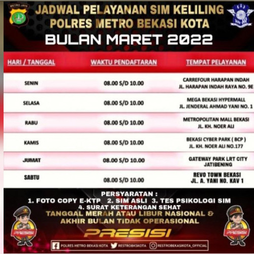 Ini Jadwal dan Lokasi Layanan SIM Keliling di Bekasi Kota Hari Ini, Rabu 23 Maret 2022