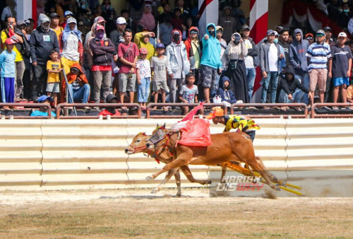 Antusias warga menyaksikan Kerapan Sapi Perang Mega Bintang perebutan Piala Panglima TNI Cup di Stadion Kerapan Sapi RP Moh Noer Bangkalan, Madura, Jawa Timur, Minggu 3 September 2023. Kerapan Sapi Perang Mega Bintang pada Piala Panglima TNI CUP yang digelar selama dua hari pada 2 hingga 3 September 2023, tersebut diikuti sebanyak 96 peserta yang dibagi tiap harinya sebanyak 48 peserta, dengan pertandingan 24 babak. (Moch Sahirol/Harian Disway)
