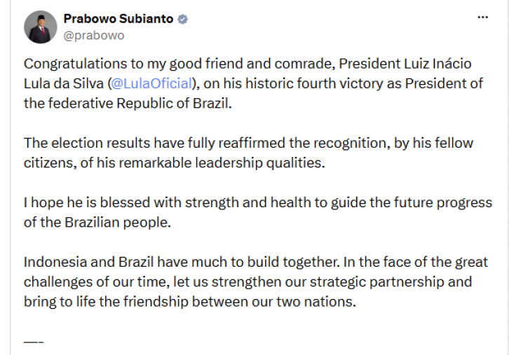 Presiden Prabowo Ucapkan Selamat ke Lula atas Kemenangan Pilpres Brasil dan Dorong Penguatan Kerja Sama