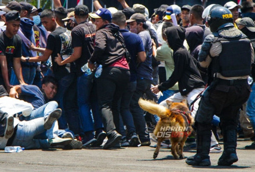 Pengunjuk rasa berupaya menerobos barikade personel kepolisian saat simulasi pengamanan Pilkada di lapangan Kodam V Brawijaya Surabaya, Jawa Timur, Selasa, 17 Oktober 2023. Simulasi Sistem Pengamanan Kota (Sispamkota) tersebut dilakukan untuk meningkatkan kesiapan para petugas yang terlibat dalam Operasi Mantap Brata Semeru 2023-2024 dalam menangani gangguan keamanan selama pelaksanaan tahapan Pemilu 2024. (Moch Sahirol/Harian Disway)