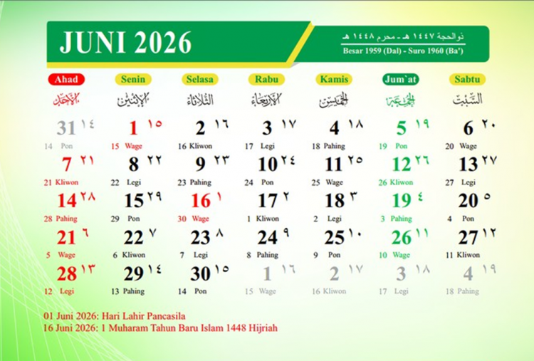 Kalender Jawa Juni 2026: Lengkap Weton, Pasaran hingga Penanggalan Hijriah