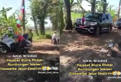 Viral! Rombongan Jokowi Lewati Jalan Rusak nan Berlumpur, Seorang Patwal Sampai Terjatuh, Warganet: Pelaksana Pinter Ambil Jalan