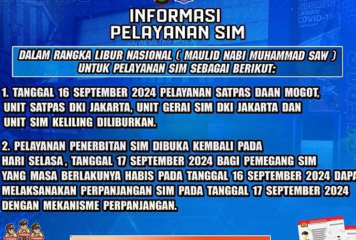 Layanan SIM Keliling Jakarta Hari Ini 16 September Ditiadakan, Libur Maulid Nabi 2024!