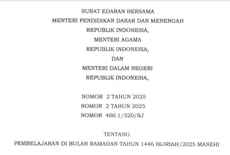 Surat Edaran Bersama 3 Menteri Nomor 2 Tahun 2025 Tentang Libur Ramadhan, Berikut Isi dan Link PDF!