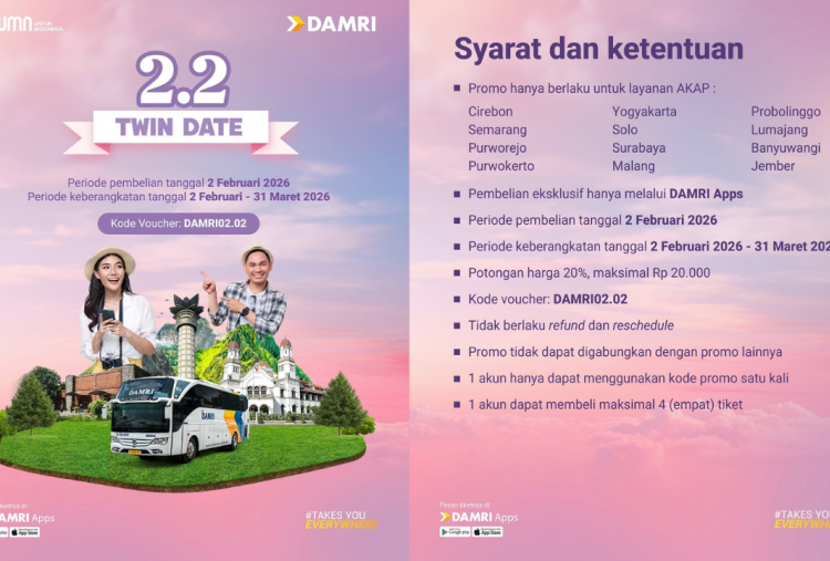 Asyik! DAMRI Hadirkan Promo Tiket Spesial 2.2 Twin Date, Klaim Kode Vouchernya di Sini