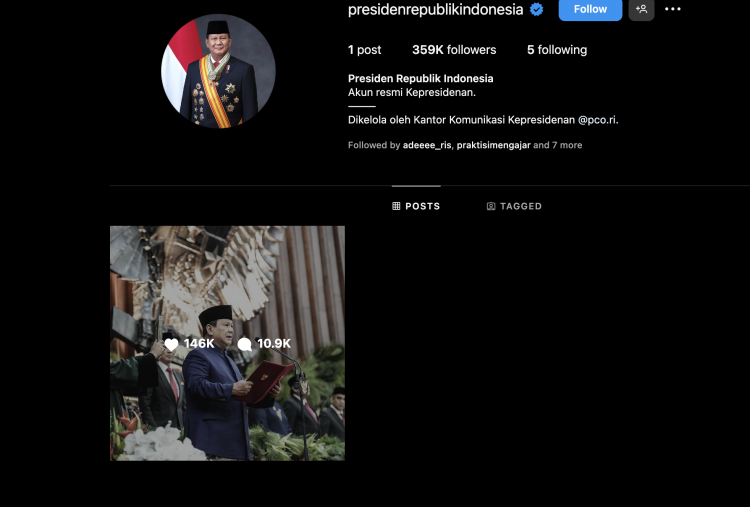 Presiden Prabowo Bikin Akun Instagram Baru, Sudah Punya Ratusan Ribu Followers 