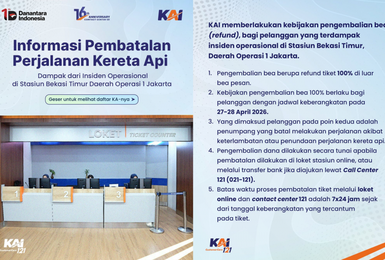 13 Perjalanan KA Jarak Jauh Dibatalkan Imbas Tabrakan Argo Bromo dan KRL, KAI Refund Full Tiket