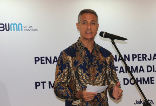 George Stylianou selaku Managing Director MSD Indonesia saat memberikan sambutan dalam acara penandatanganan perjanjian kerja sama antara PT Merck Sharp & Dohme Indonesia (MSD Indonesia) dengan PT Kimia Farma Diagnostika (KFD) pada Jumat (8/3) di Jakarta. 