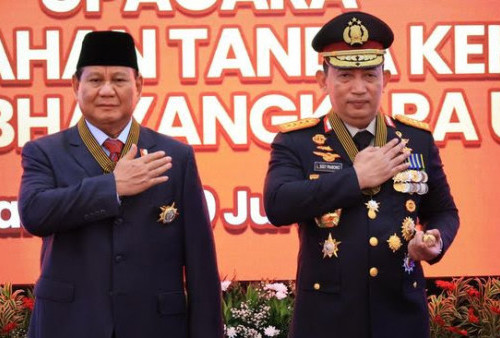 Terima Penghargaan Tanda Kehormatan Bintang Bhayangkara Utama, Menhan Prabowo Dukung Penguatan Polri