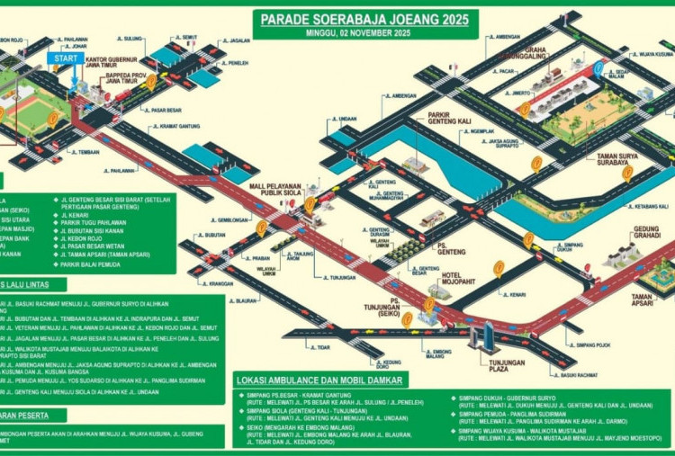 Rekayasa Lalu Lintas Jelang Parade Surabaya Juang 2025, Catat Rute, Penutupan Jalan, dan Lokasi Parkirnya!